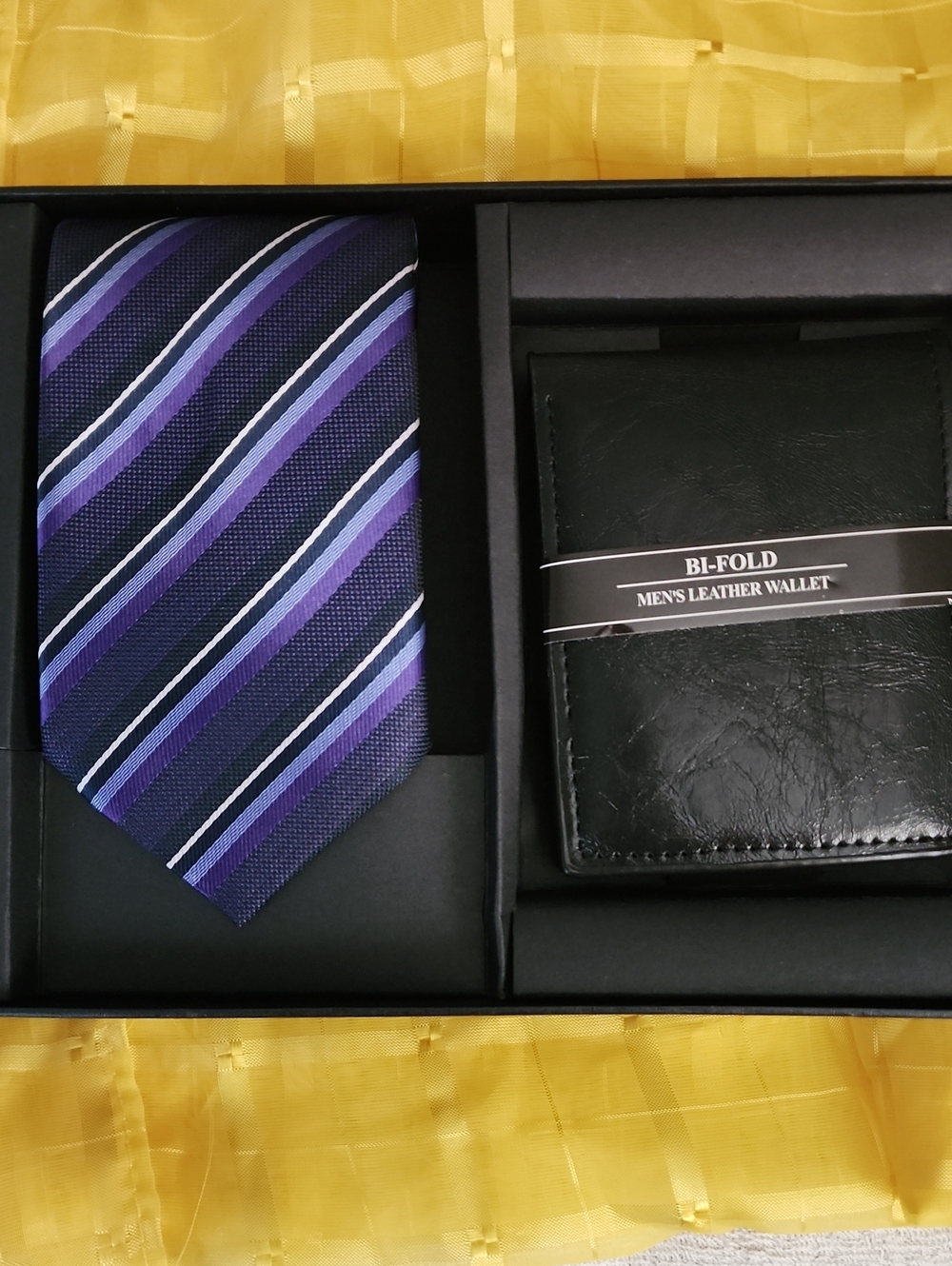 Classic Purple Striped Tie & Black Leather Bi-Fold Wallet Gift Set